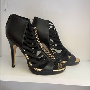 Black Strappy High Heel Sandals with Gold Accent